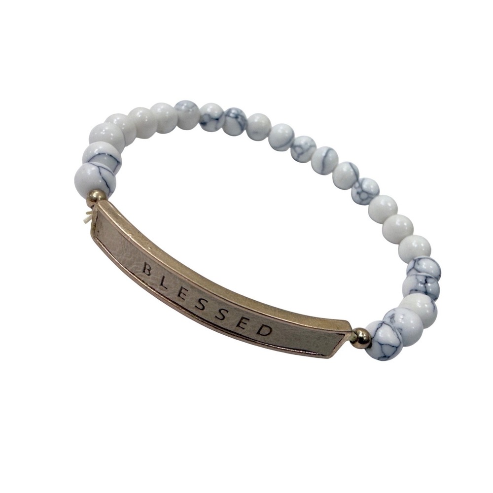 Stretch Beaded Bracelet Blessed Gold Bar White Marbled Stone